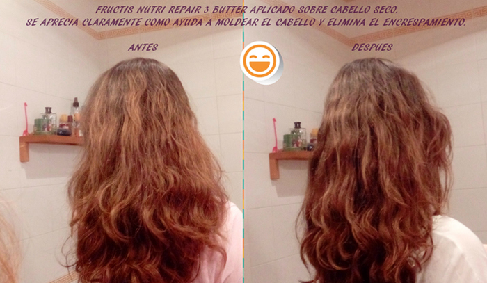 El antes y después del pelo de la bopki Alexia84 tras haber usado la mascarilla Fructis Nutri Repair 3 Butter
