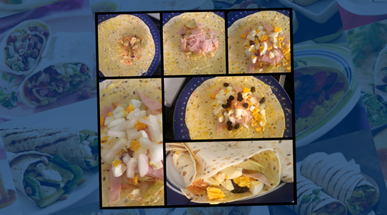Y para la segunda receta, ¿qué necesitamos? Rellenamos 1 wrap Multigrain con mantequilla, ensalada 4 estaciones, salsa cocktail, 1 huevo duro, pechuga de pavo y pasas.