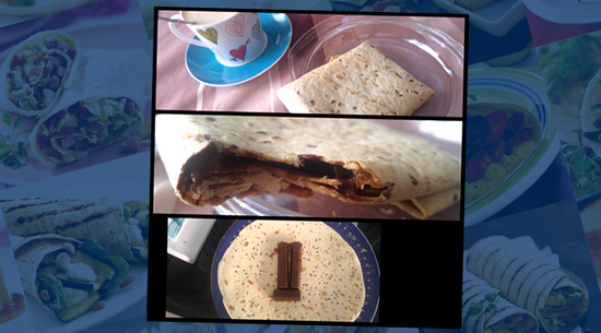 Y para endulzar la boca, la tercera receta: 1 wrap Multigrain con 2 barritas y media de chocolate negro para postres. Lo calentamos en el horno a 180 ºC durante 5 minutos y listo. ¡Qué rico! :)